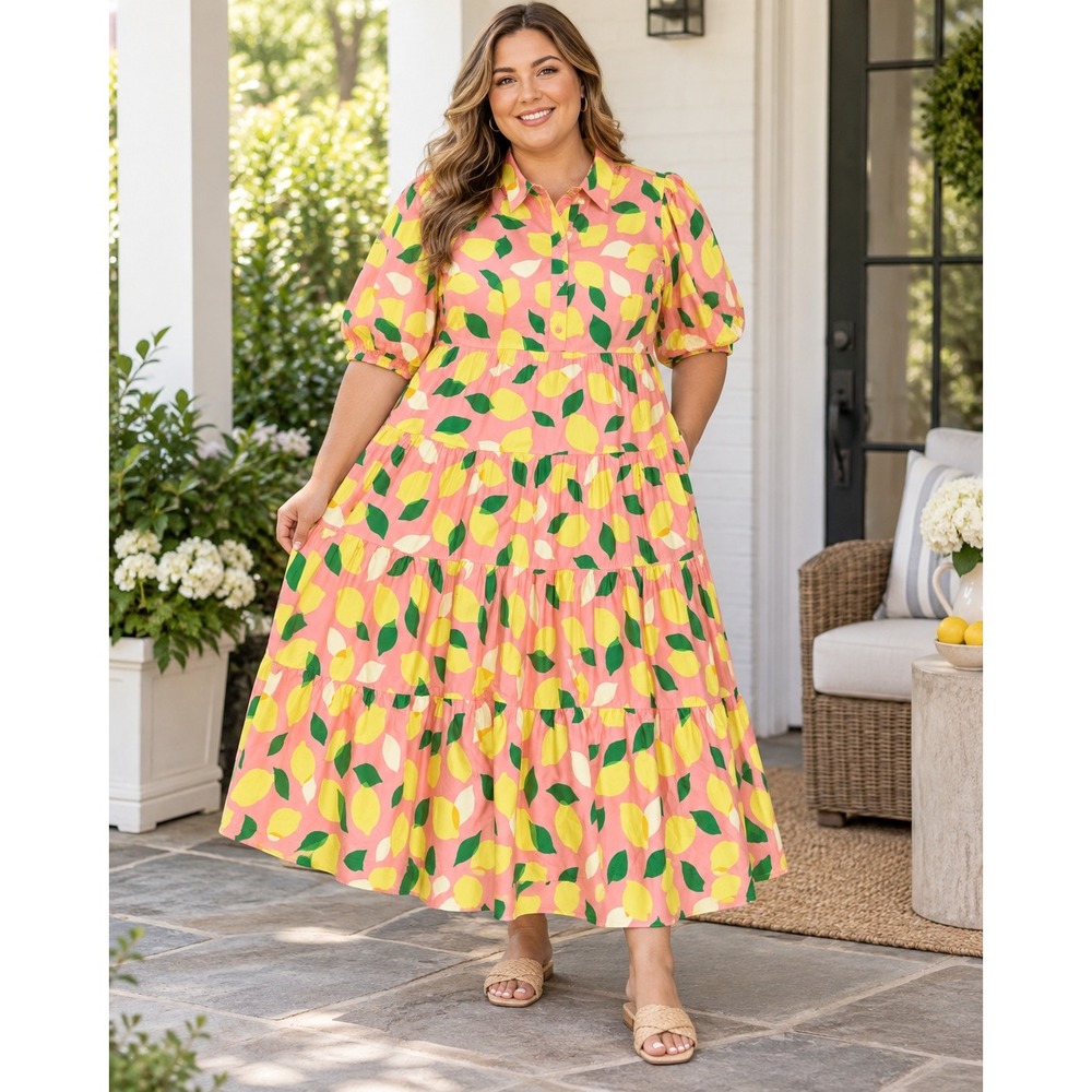 Kate Spade Lemon Toss Shirtdress XL Pink Lemon Tiered Maxi Dress KC306